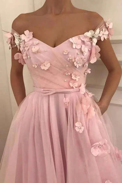 Beautiful Tulle A-line Off-the-Shoulder Long Prom Dresses With 3D Flowers,BD930817