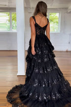 A-Line Off The Shoulder Long Tiered Lace Prom Dresses