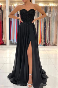 Black Chiffon Lace A-line Sweetheart Long Prom Dresses, Evening Gowns,BD930796