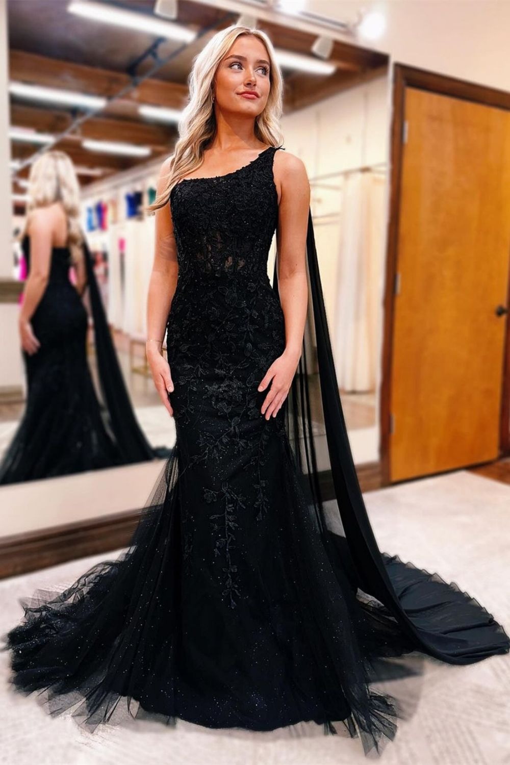 Black Beaded Lace One Shoulder Long Mermaid Prom Dress
