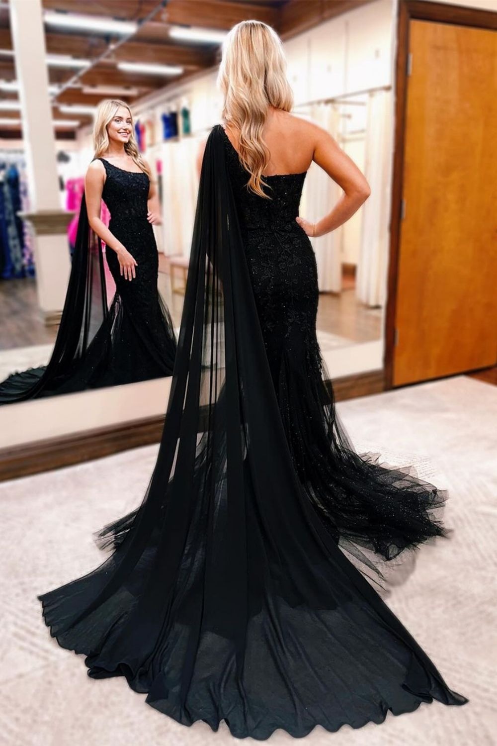 Black Beaded Lace One Shoulder Long Mermaid Prom Dress