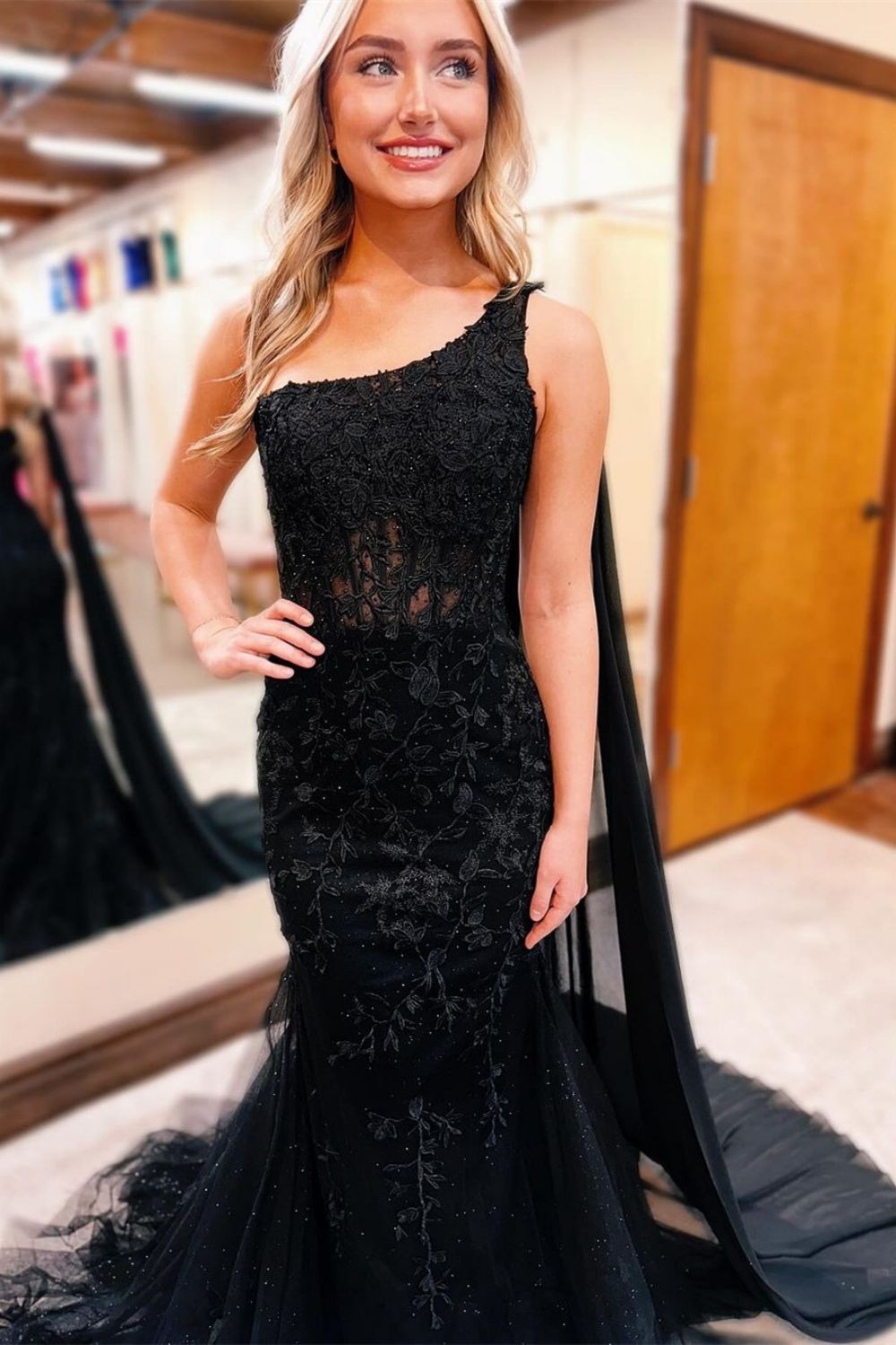 Black Beaded Lace One Shoulder Long Mermaid Prom Dress