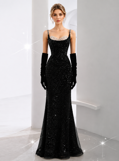 Robes de bal longues sirène noires à bretelles et sequins