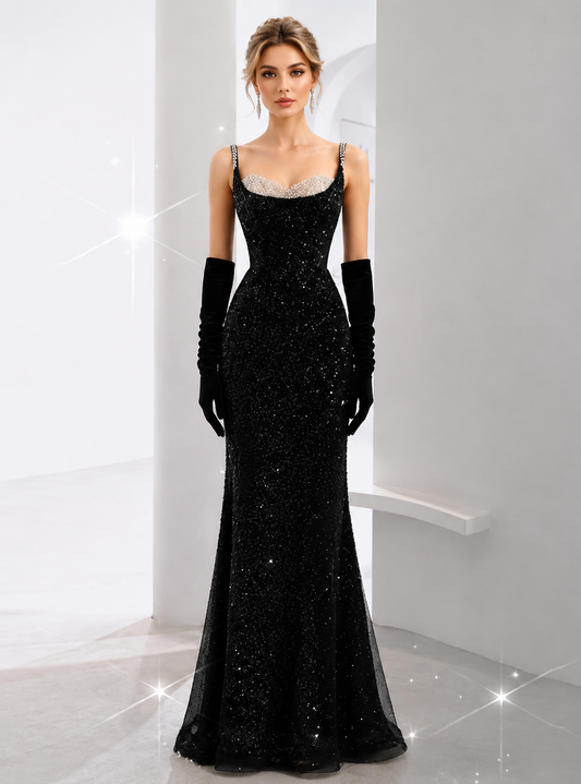 Robes de bal longues sirène noires à bretelles et sequins