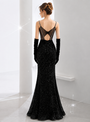 Black Mermaid Straps Sequins Long Prom Dresses