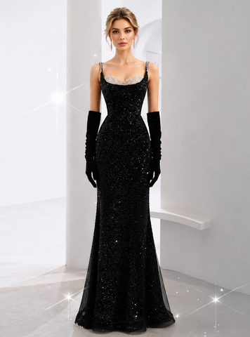Black Mermaid Straps Sequins Long Prom Dresses