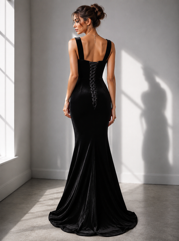 Black Mermaid Velvet Lace Straps long Prom Dresses