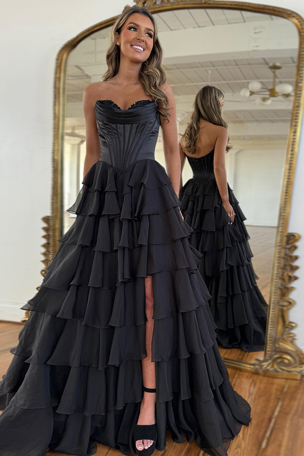 A Line Sweetheart Ruffled Corset Long Formal Prom Dresses