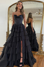 A Line Sweetheart Ruffled Corset Long Formal Prom Dresses