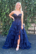 A Line Sweetheart Ruffled Corset Long Formal Prom Dresses