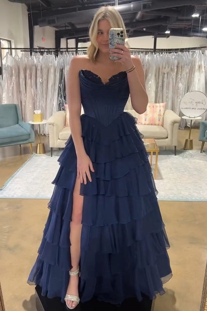Robe de bal longue en forme de cœur, ligne A, corsage à volants