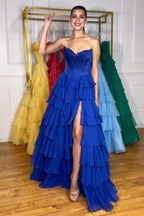 A Line Sweetheart Ruffled Corset Long Formal Prom Dresses