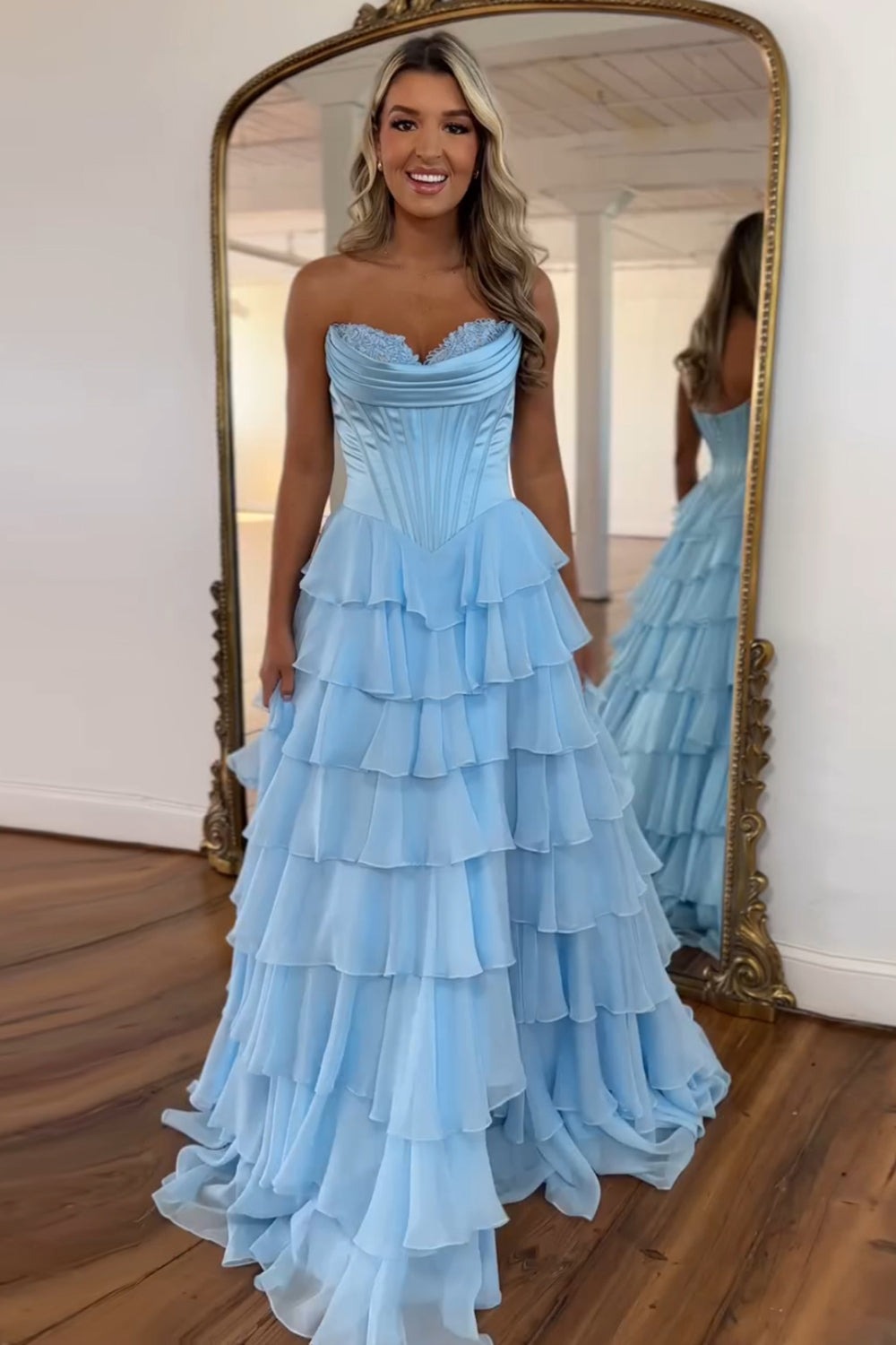 Robe de bal longue en forme de cœur, ligne A, corsage à volants