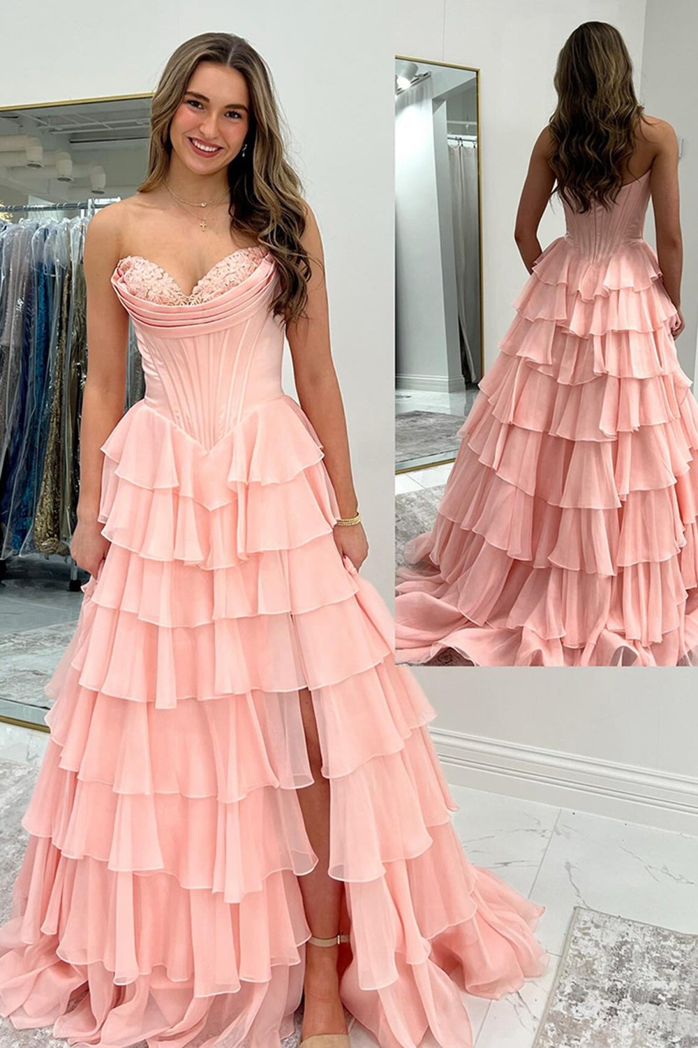 A Line Sweetheart Ruffled Corset Long Formal Prom Dresses