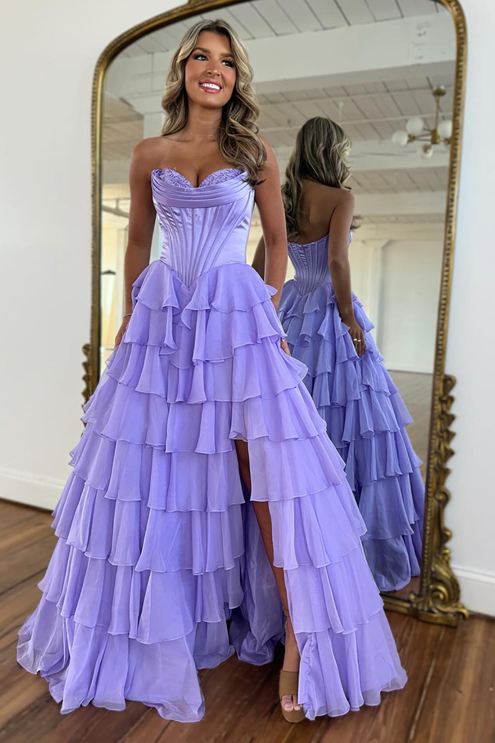 Robe de bal longue en forme de cœur, ligne A, corsage à volants
