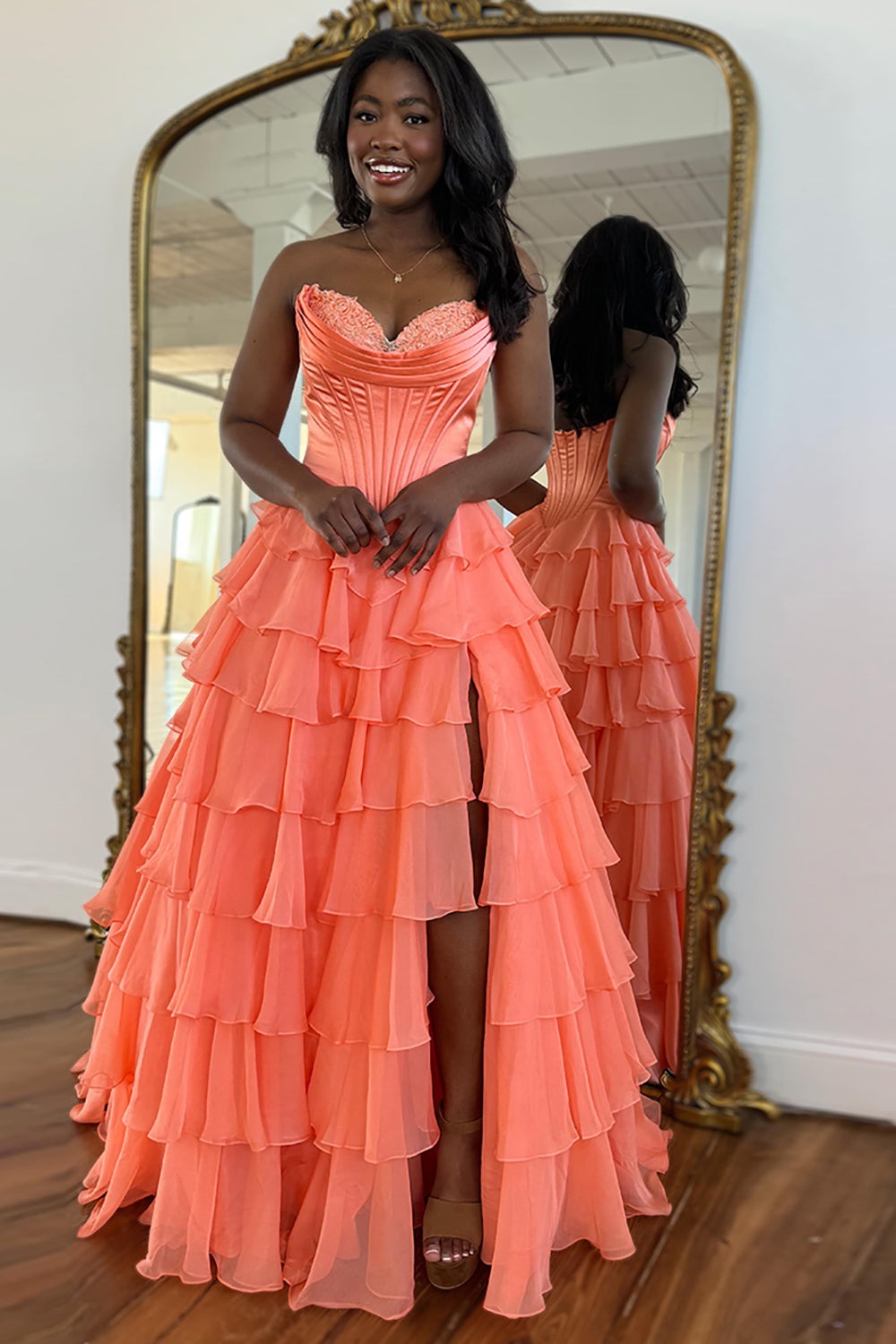 A Line Sweetheart Ruffled Corset Long Formal Prom Dresses
