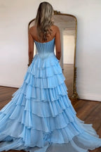 A Line Sweetheart Ruffled Corset Long Formal Prom Dresses