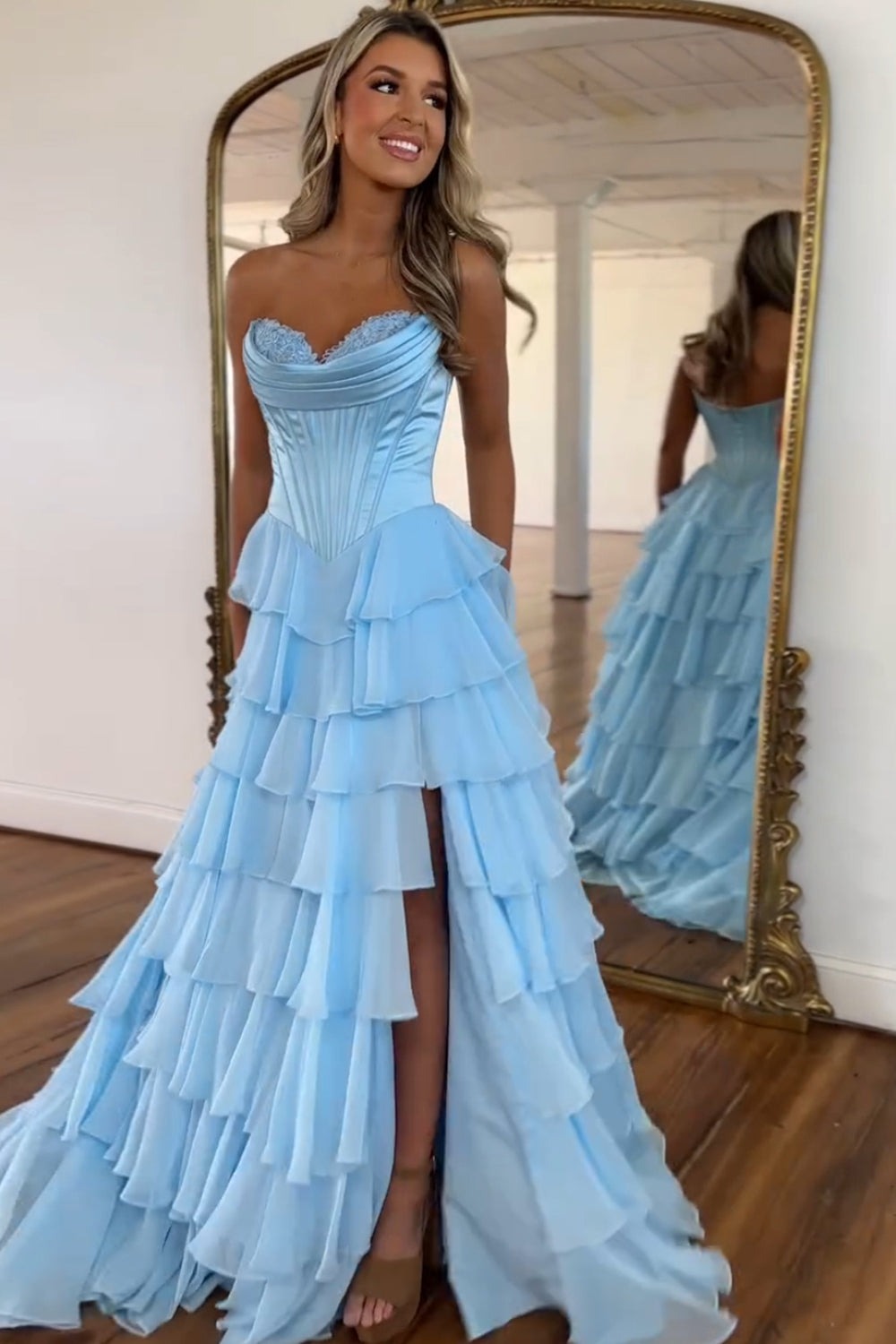 A Line Sweetheart Ruffled Corset Long Formal Prom Dresses