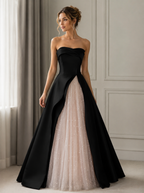 Black Satin Pink Tulle A Line Strapless Prom Dresses