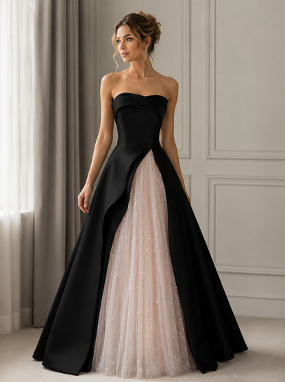 Robes de bal bustier coupe trapèze en satin noir et tulle rose