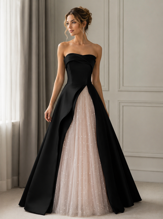 Robes de bal bustier coupe trapèze en satin noir et tulle rose