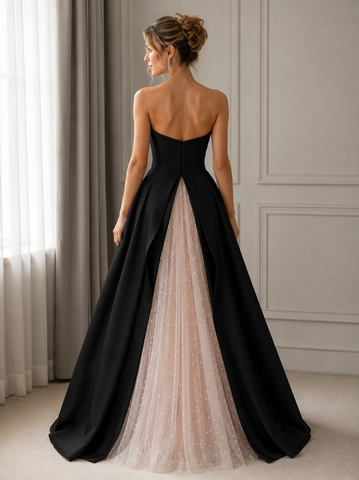 Black Satin Pink Tulle A Line Strapless Prom Dresses