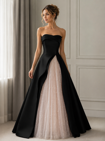 Black Satin Pink Tulle A Line Strapless Prom Dresses