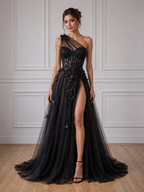 Black A Line Tulle one Shoulder Appliques Split Prom Dresses
