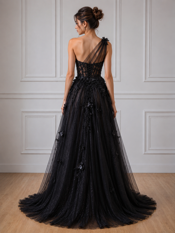 Black A Line Tulle one Shoulder Appliques Split Prom Dresses
