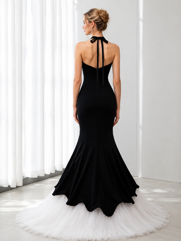 Black Velvet White Tulle Strapless Mermaid Prom Dresses