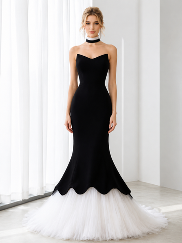 Black Velvet White Tulle Strapless Mermaid Prom Dresses