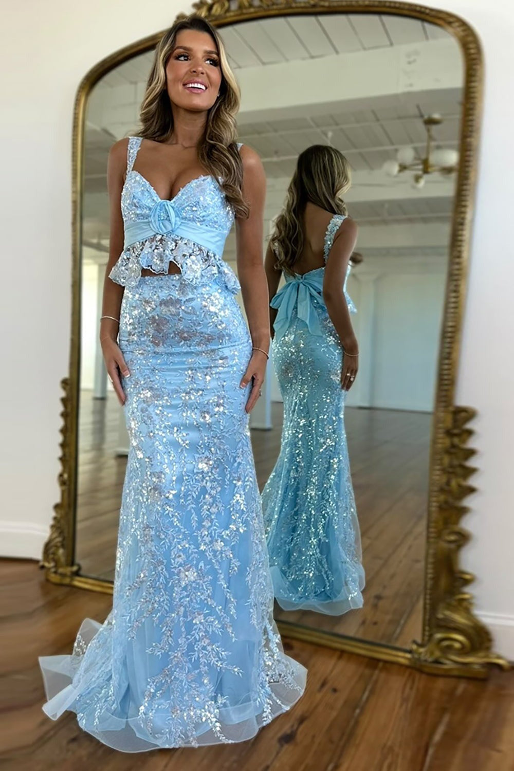 Robe de bal sirène bleue, robes de soirée longues à sequins
