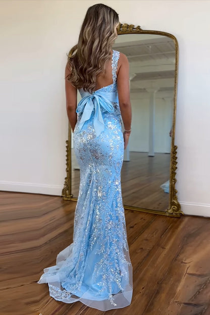 Robe de bal sirène bleue, robes de soirée longues à sequins