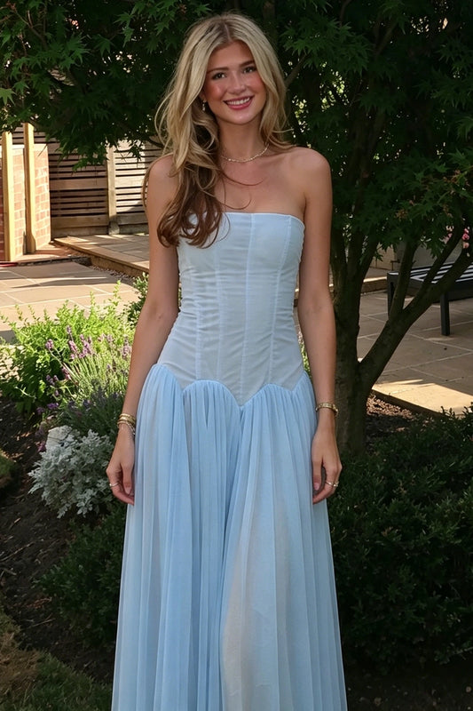 Blue A-Line Chiffon Long Strapless Empire-Waist Prom Dresses