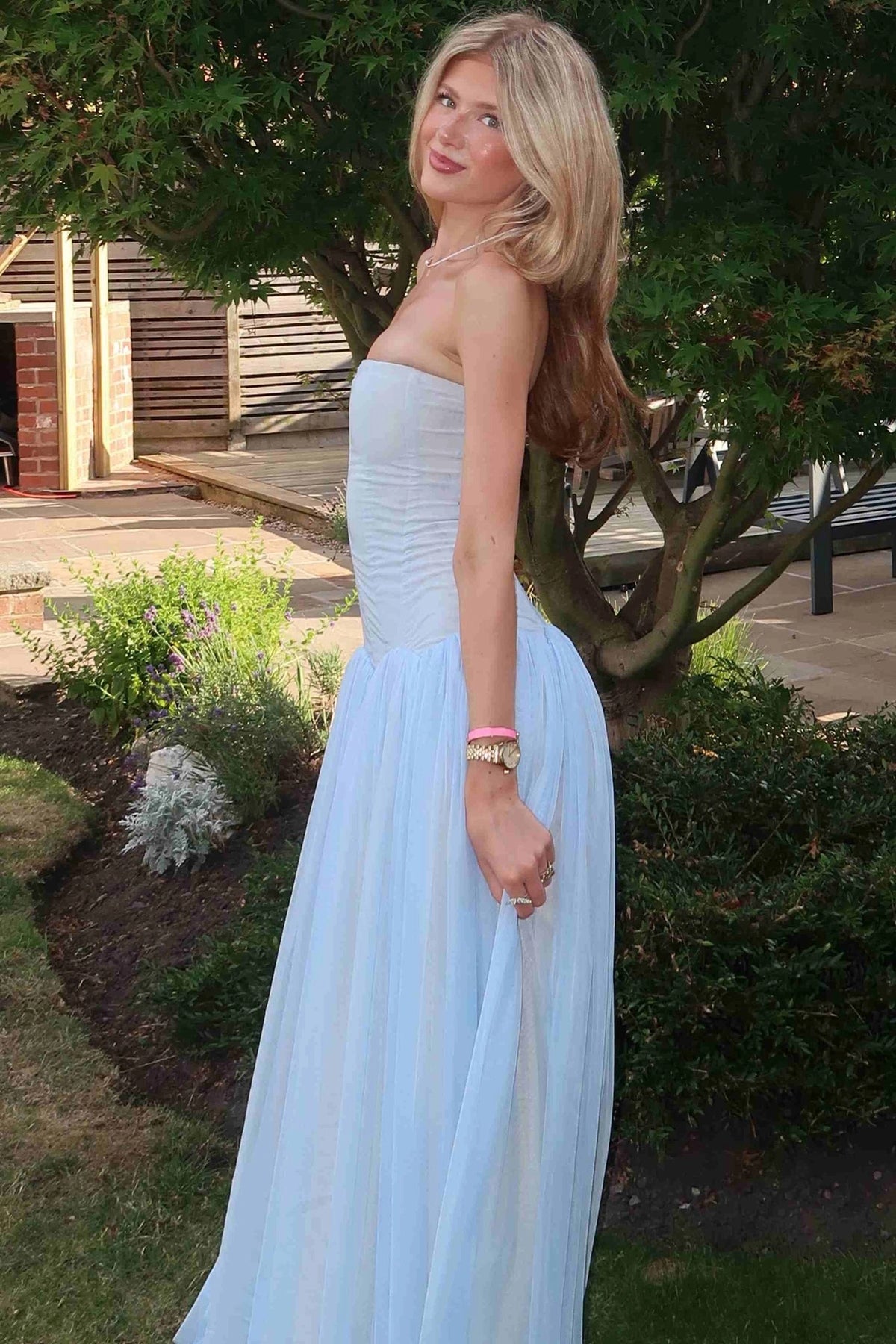 Blue A-Line Chiffon Long Strapless Empire-Waist Prom Dresses