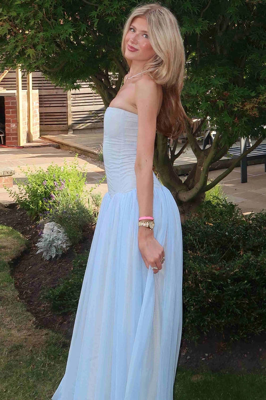 Blue A-Line Chiffon Long Strapless Empire-Waist Prom Dresses