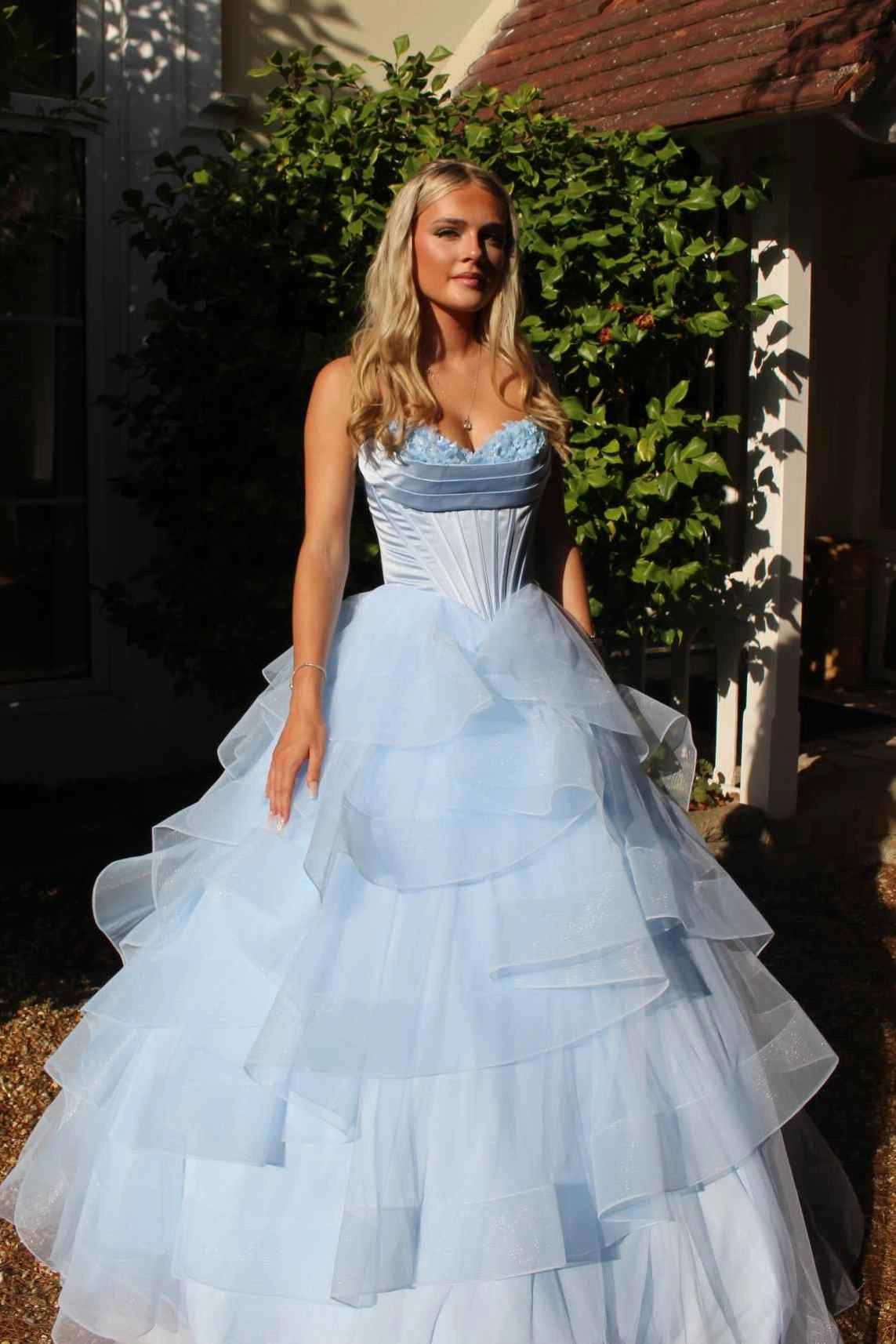 Blue A-Line Long Strapless Empire-Waist Ruffles Prom Dresses