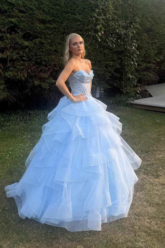 Blue A-Line Long Strapless Empire-Waist Ruffles Prom Dresses