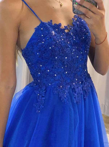 Blue Tulle Spaghetti Straps Floor length A-line Prom Dresses, Formal Dress,BD930807