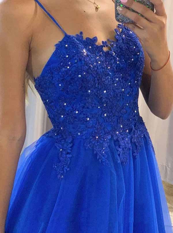 Blue Tulle Spaghetti Straps Floor length A-line Prom Dresses, Formal Dress