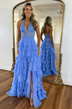 Blue A-Line Halter Neck Lace Top Long Tiered Chiffon Prom Dresses