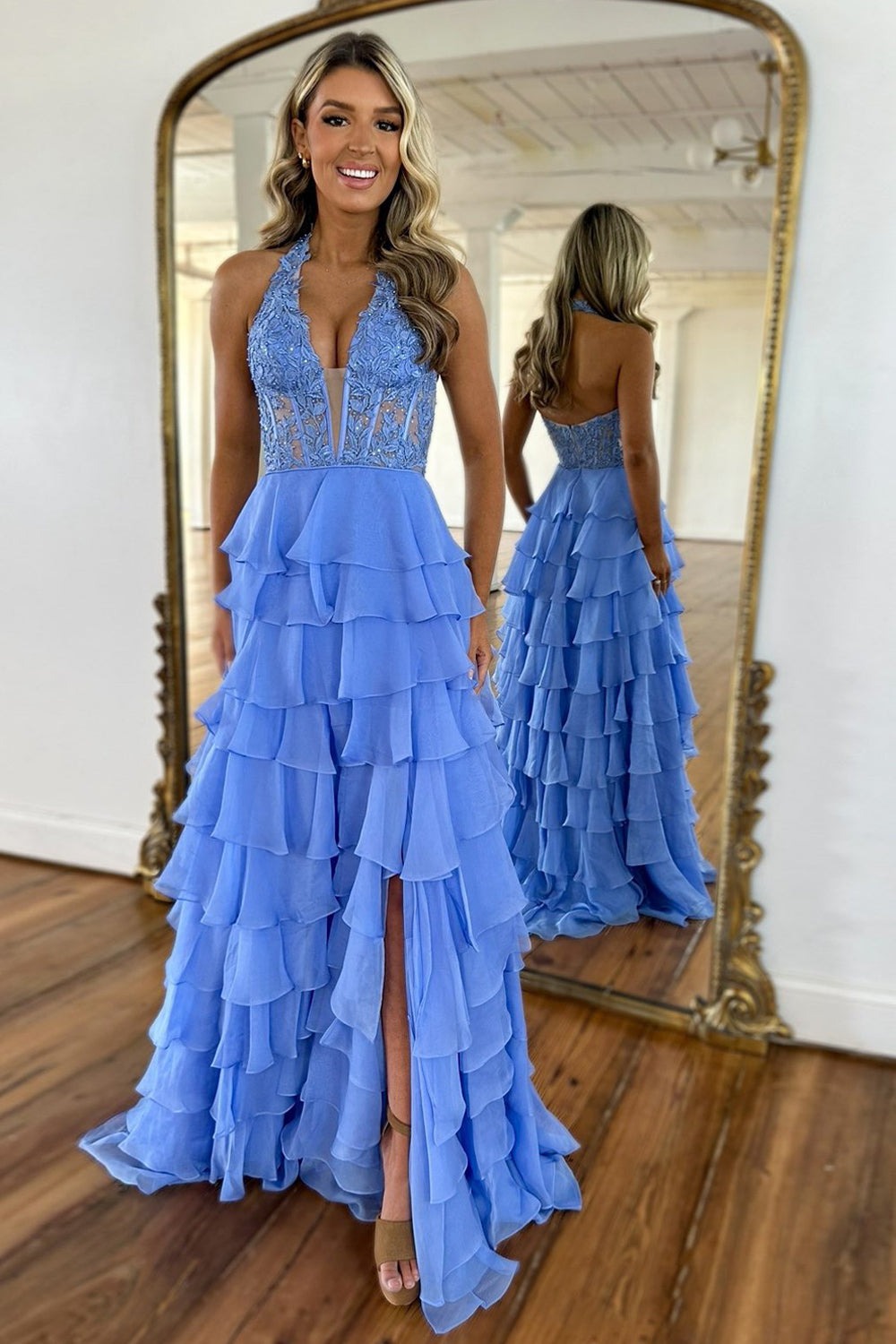 Blue A-Line Halter Neck Lace Top Long Tiered Chiffon Prom Dresses