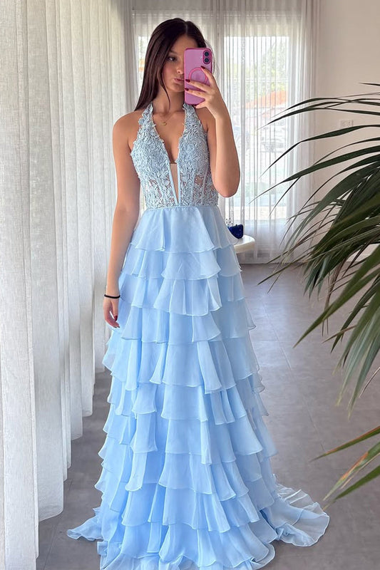 Robes de bal longues en mousseline étagée, bleu, avec haut en dentelle de coupe trapèze à licou