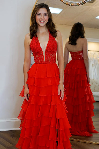Blue A-Line Halter Neck Lace Top Long Tiered Chiffon Prom Dresses