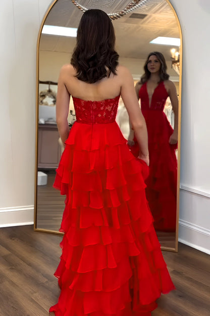Blue A-Line Halter Neck Lace Top Long Tiered Chiffon Prom Dresses