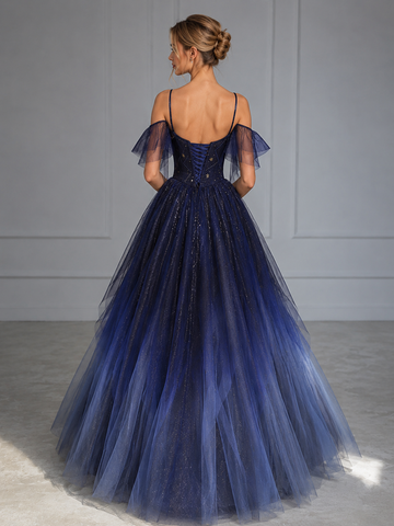 Blue Gradient Tulle Straps A Line Beading Prom Dresses