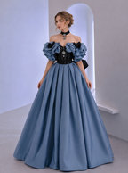 Blue Satin Black Lace Strapless A Line Prom Dresses