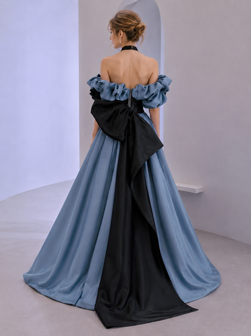 Blue Satin Black Lace Strapless A Line Prom Dresses