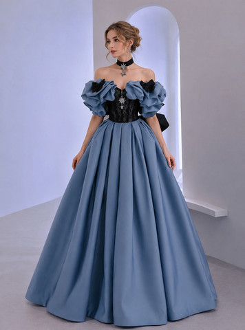 Blue Satin Black Lace Strapless A Line Prom Dresses