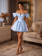 Blue Satin Off the Shoulder Beading Short Homecoming Dresses